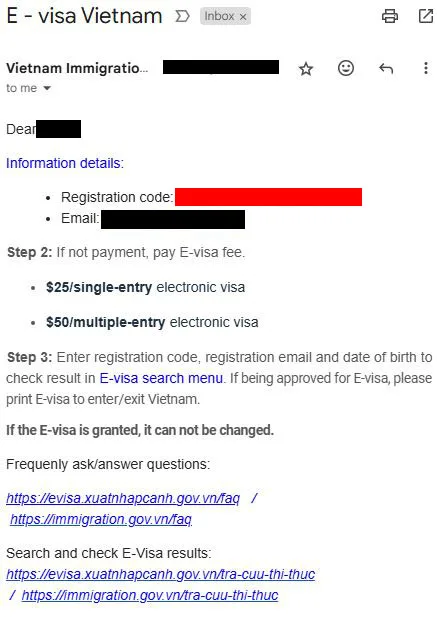베트남 E-Visa 신청후 Registration Code 확인 이메일